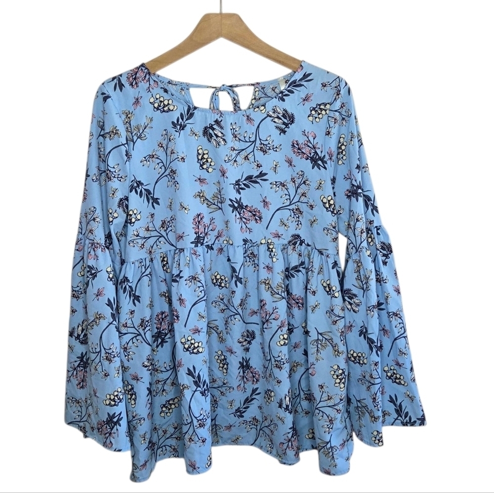 Red Lolly | Blue Floral Baby Doll Top Bell Sleeves Size Medium